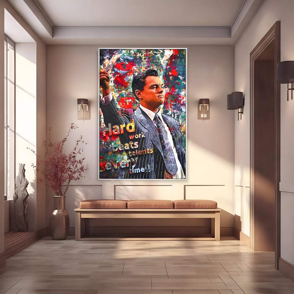 Tablou canvas cu tablou canvas cu leonardo dicaprio si mesaj motivational, in rama de aluminiu argintiu